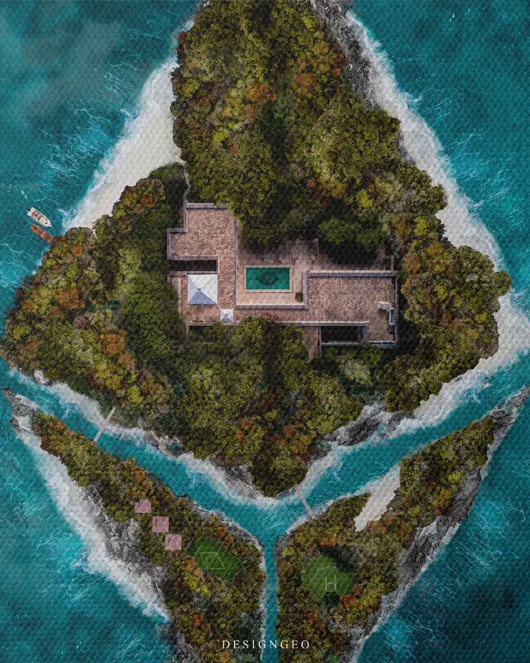 Detailed frontal shot of a tropical island designed as the Ethereum symbol with crystal clear turquoise water on a professional gallery-wrapped canvas