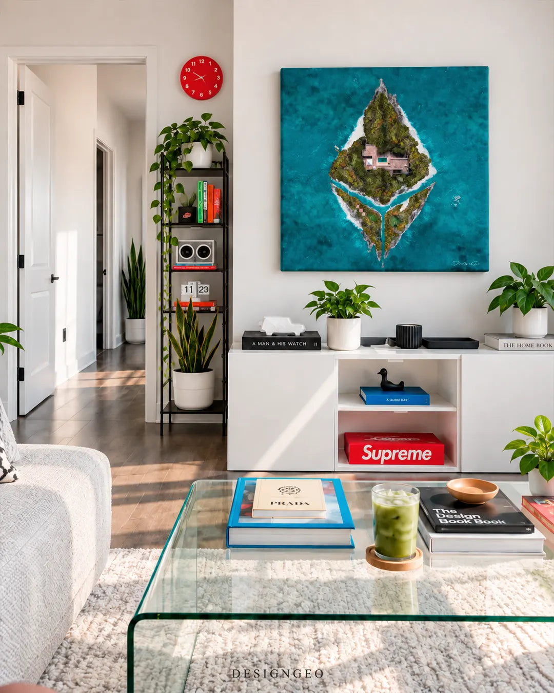 Square turquoise canvas print featuring an aerial view of a tropical island shaped like the Ethereum logo mounted on a white wall above a white sideboard