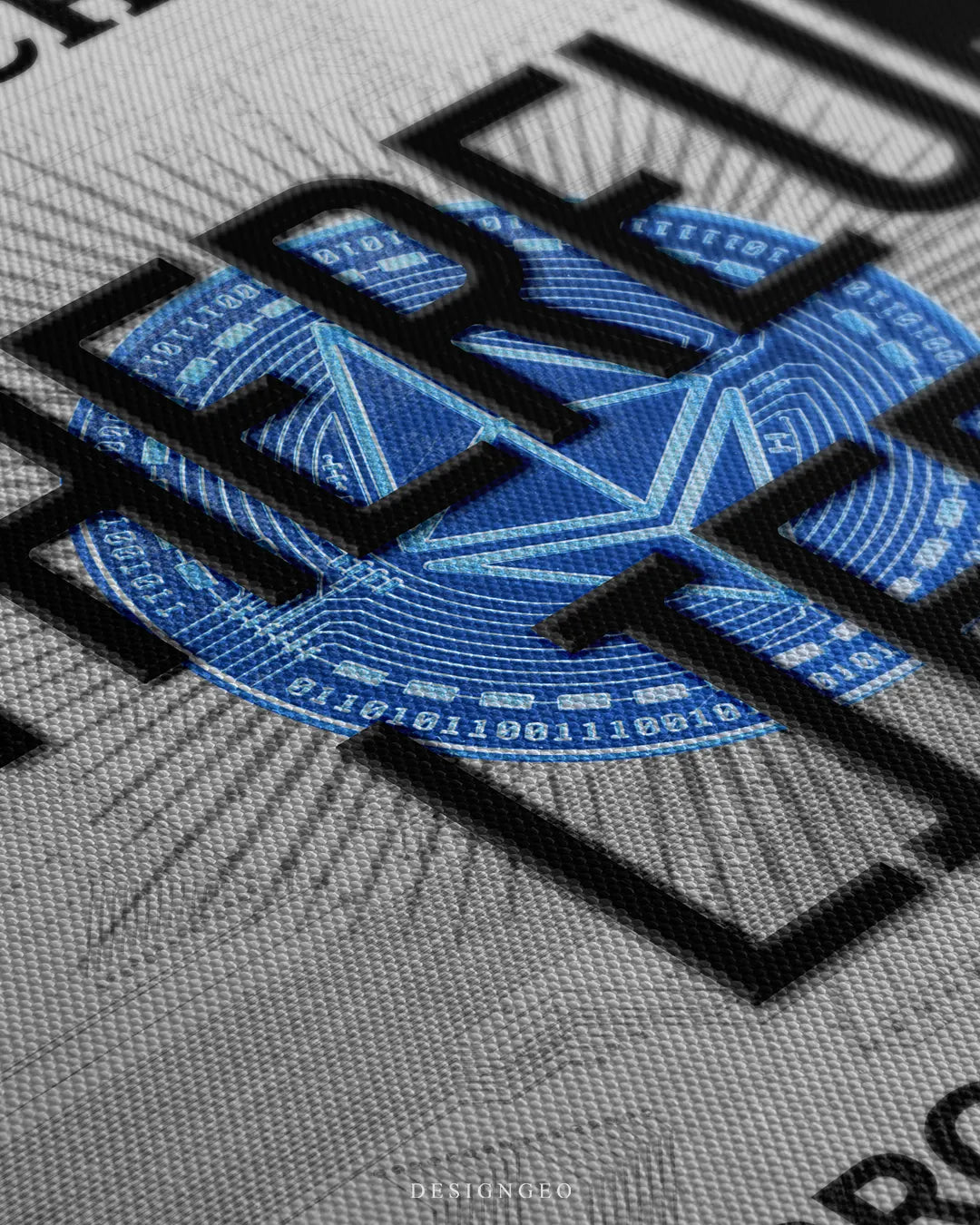 Angled macro view detailing fine woven canvas fabric texture, raised black lettering of Ethereum Life, and high-tech blue crypto coin graphic details