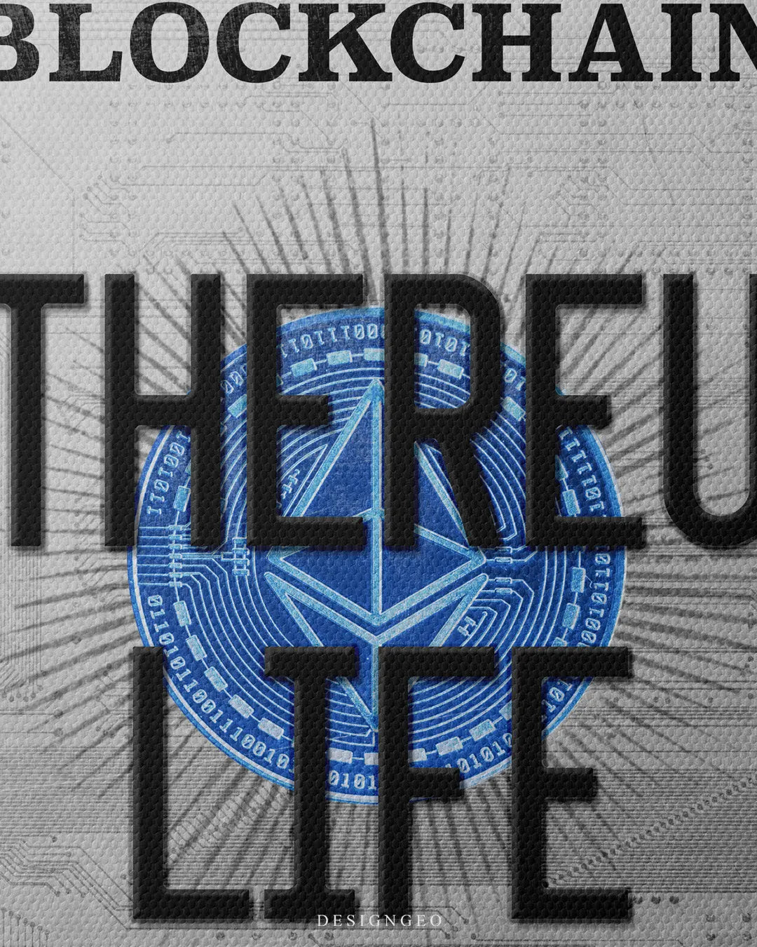 Medium shot close-up highlighting embossed black ETHEREUM LIFE typography overlaying a glowing blue digital Ethereum emblem and circuit board background