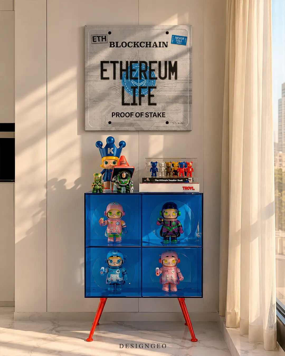 Square canvas print designed like a metallic license plate reading ETHEREUM LIFE and PROOF OF STAKE mounted on a beige wall above a blue display cabinet with art toys