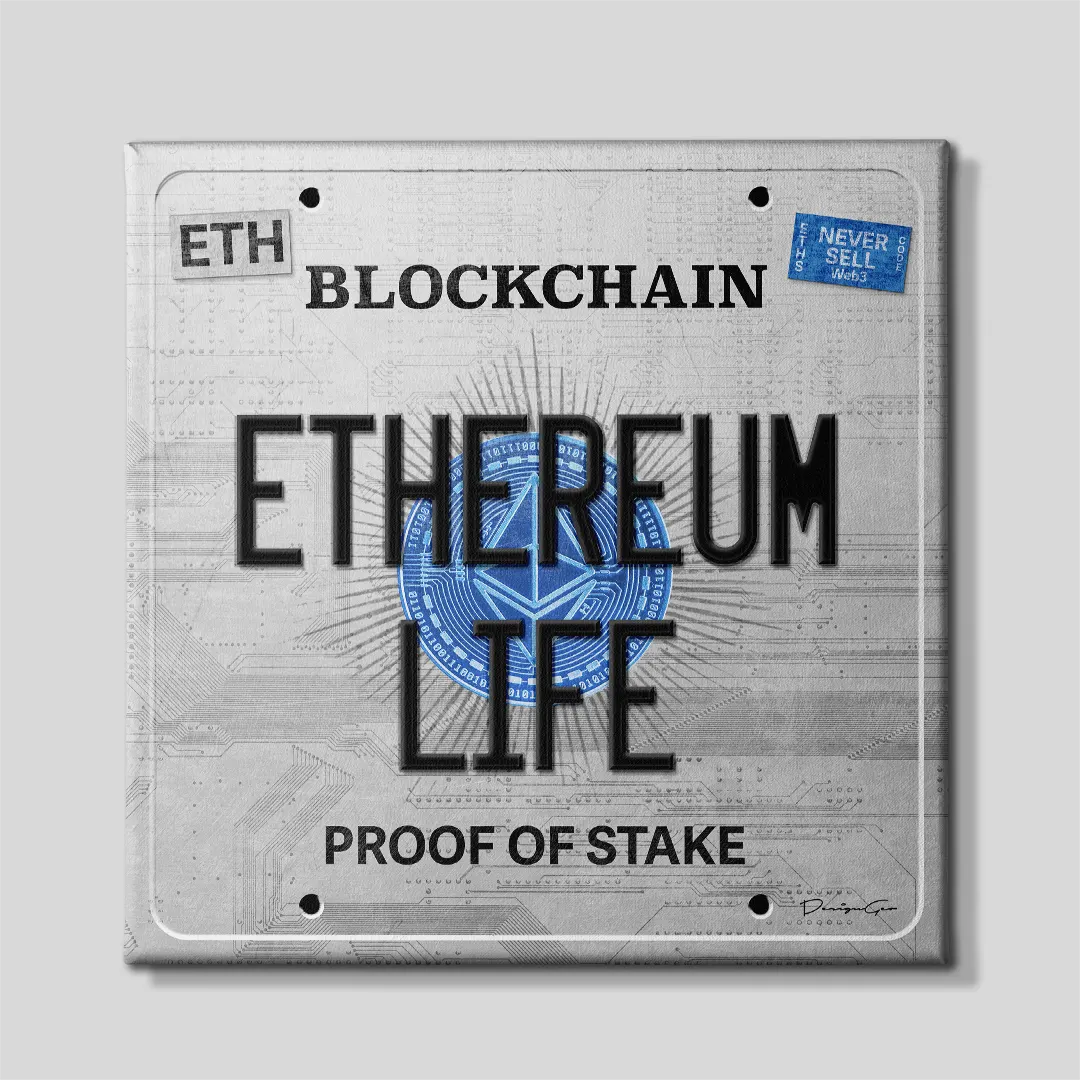 Front view of a square silver metallic license plate canvas print with black text reading ETHEREUM LIFE, Proof of Stake, and a central blue Ethereum logo