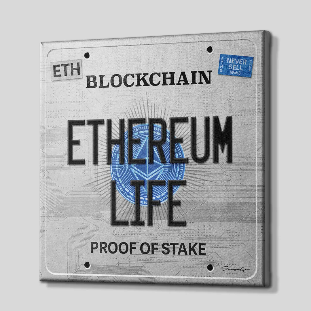 Three-quarter side angle of the Ethereum Life license plate canvas wall art showing gallery-wrapped metallic gray edges mounted on a wooden stretcher frame