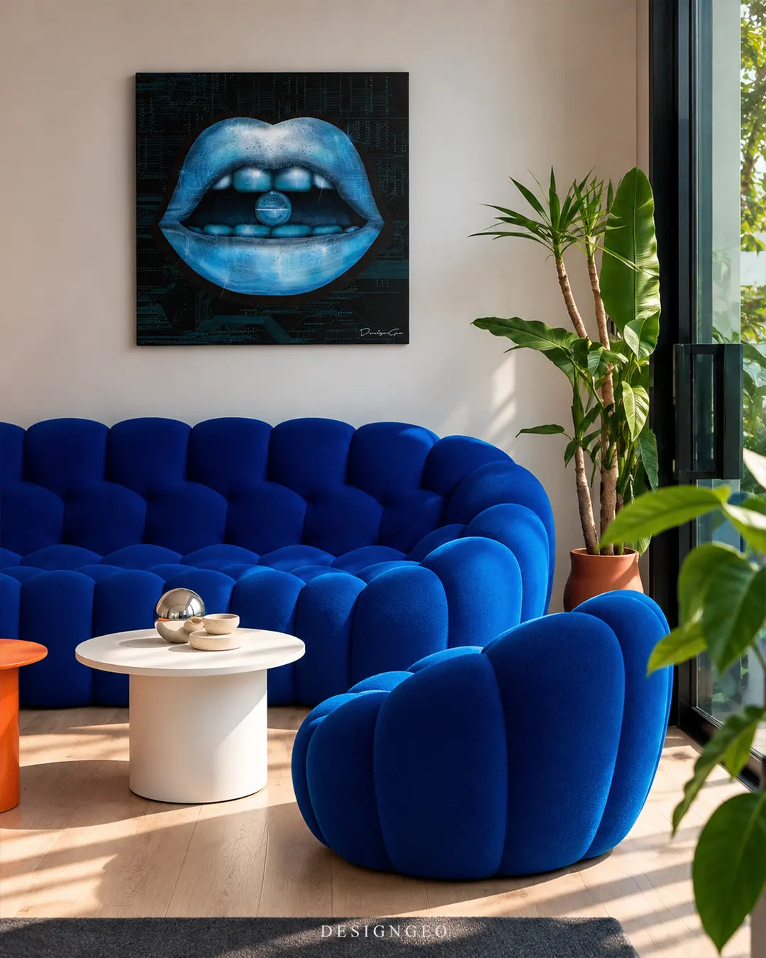 Square dark canvas print featuring metallic blue lips holding a blue Ethereum pill on tongue mounted on a beige wall above a royal blue curved sofa