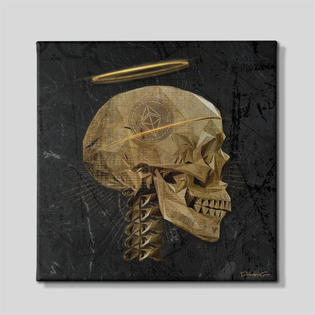 Front view of a square dark grey canvas print featuring a side profile of a golden low-poly geometric skull with an Ethereum logo emblem on the temple and a floating gold halo