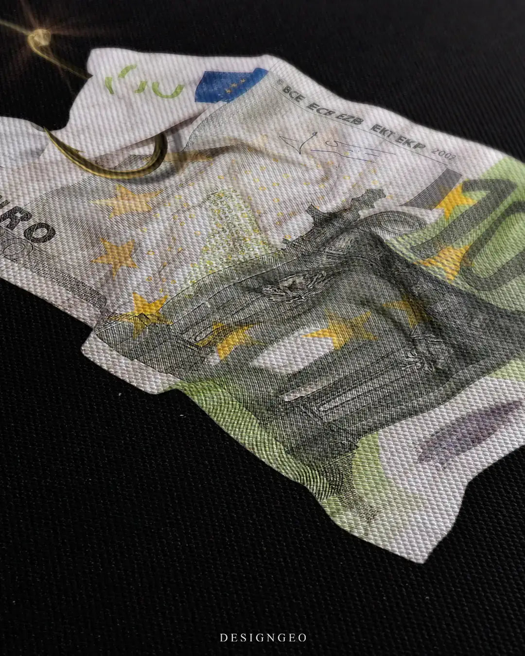Detailed view of the "Euro Bait" art, showcasing the crisp textures of the European currency note and the sleek metallic hook design on a premium dark canvas