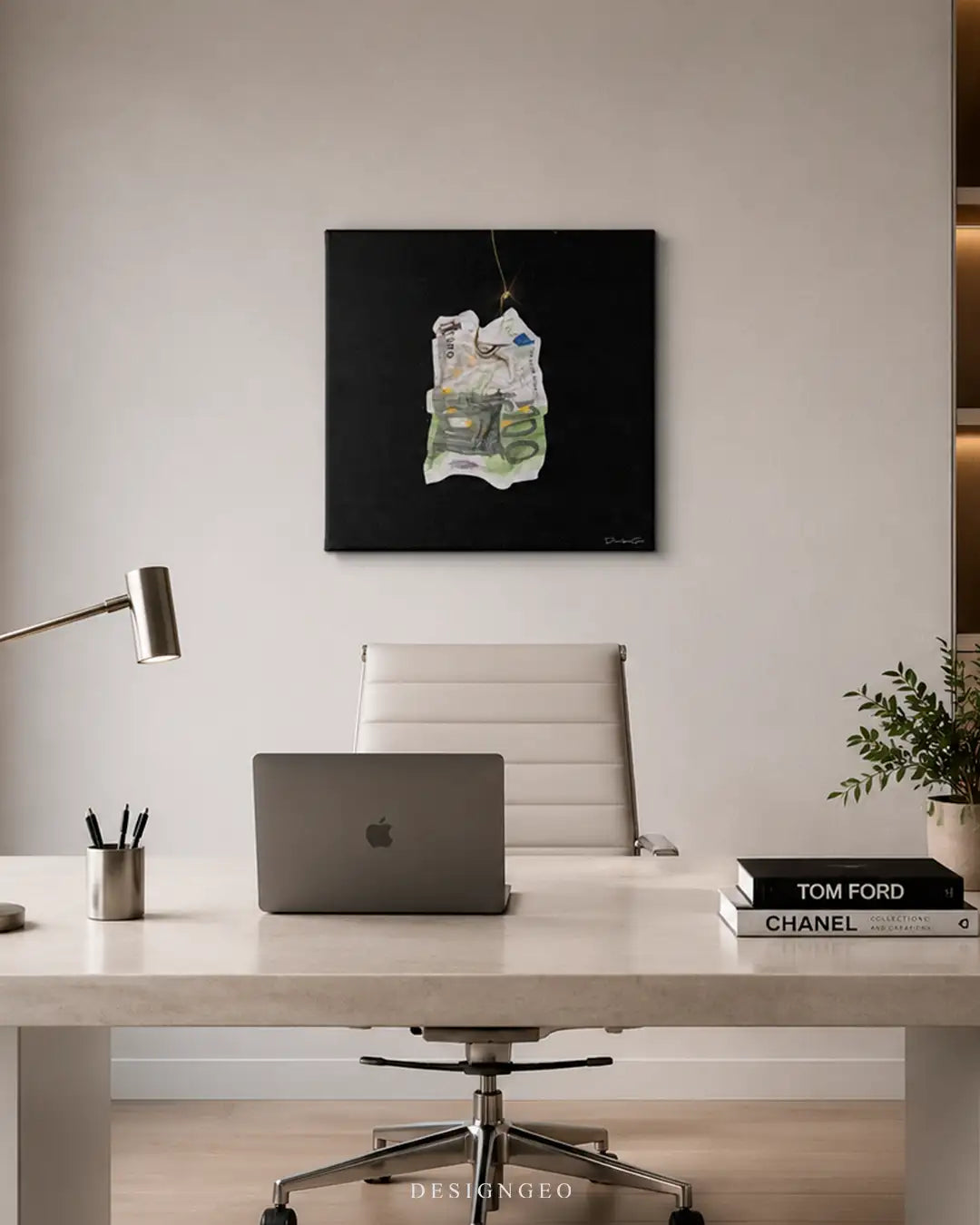 Artistic canvas composition of a 100 Euro bill fishing bait, representing corporate strategy and financial mindset for contemporary bedroom decor or finance offices