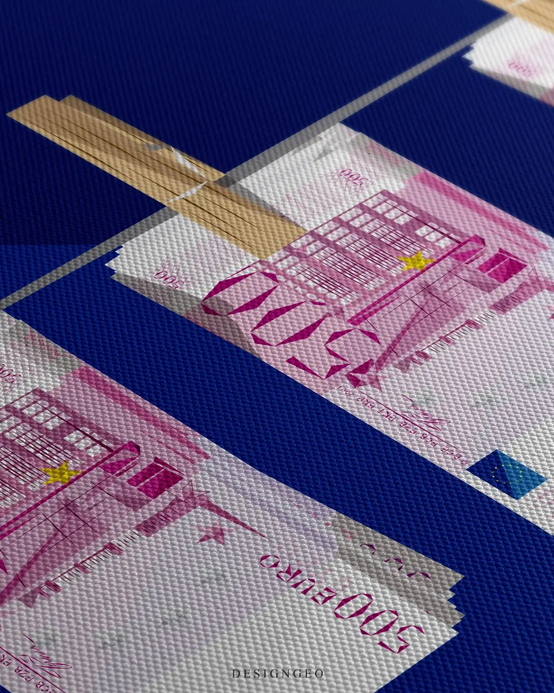 Close-up of modern pop art featuring three vibrant purple 500 Euro bills hanging with wooden clothespins on a tightrope against a deep blue background