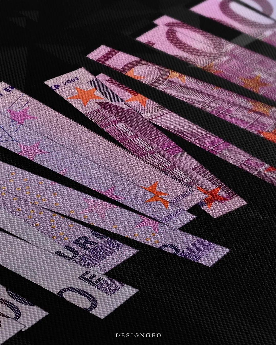 Close-up of modern pop art featuring a hyper-realistic 500 Euro bill with a torn effect and detailed currency engravings on a solid black background