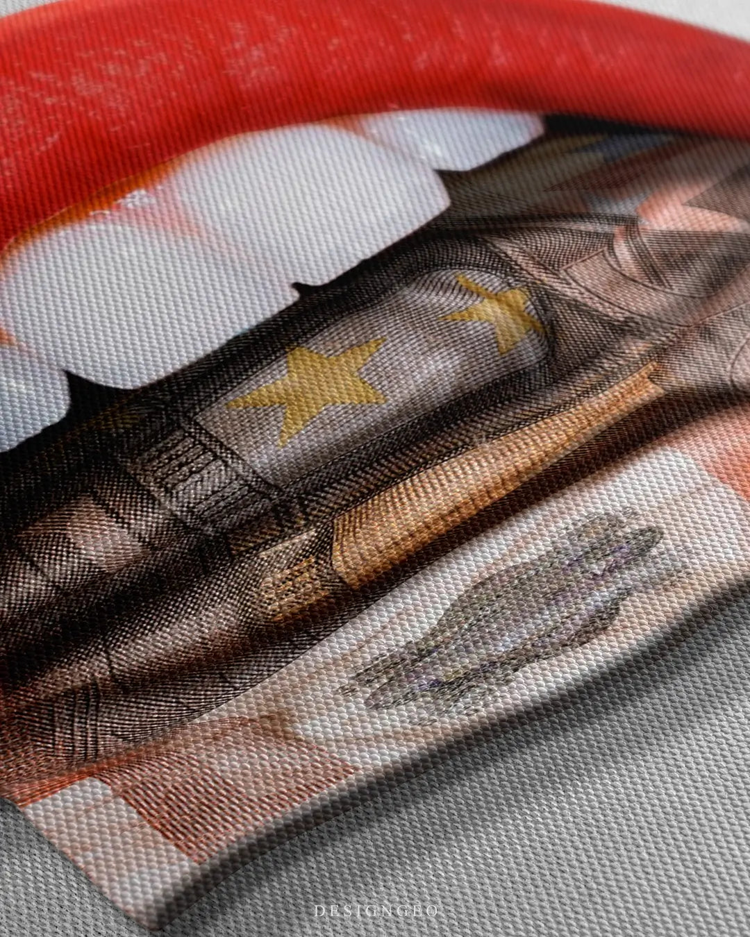 Close-up of modern pop art featuring a mouth with a tongue made of a realistic purple Euro banknote on a clean white background