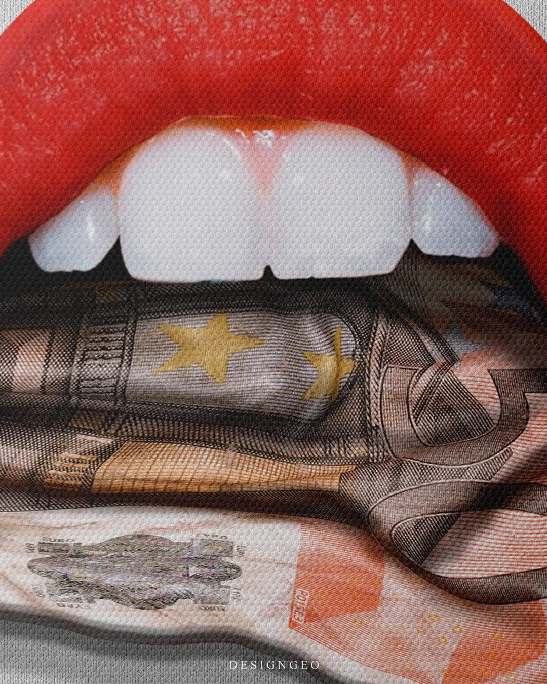 Artistic canvas illustration of a Euro bill tongue, symbolizing financial influence, international business mindset, and the power of European markets
