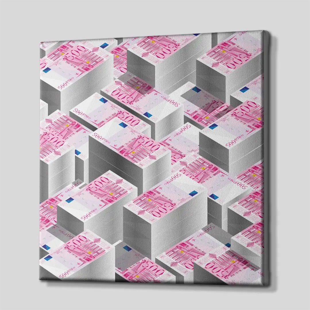 Side angle of the realistic bundled Euro bills cash canvas print, highlighting the high-quality gallery wrap finish and professional 3D frame depth