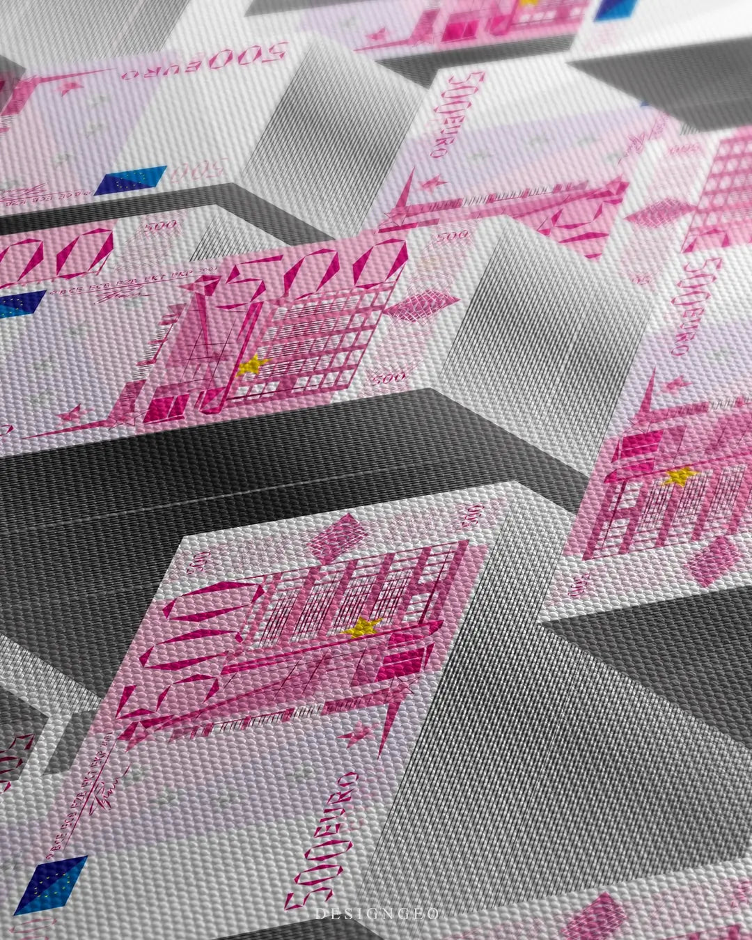 Close-up of hyperrealistic wall art focusing on the vibrant colors and detailed texture of stacked Euro bills, representing wealth and European financial success