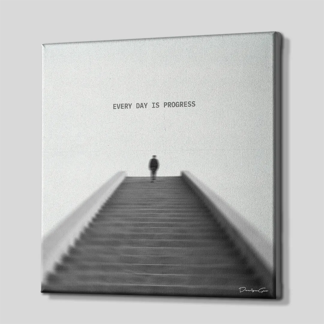 Side perspective view of black and white square canvas wall art showing Every Day Is Progress staircase artwork with gallery wrapped edges 0.75 inch thin wrap