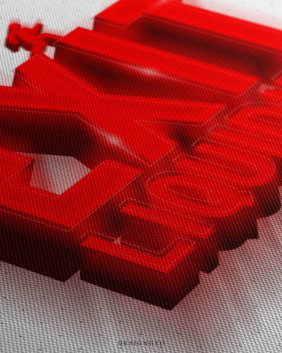 Angled extreme macro view highlighting the white dotted canvas surface texture, sharp 3D red block lettering, and drop shadow effects