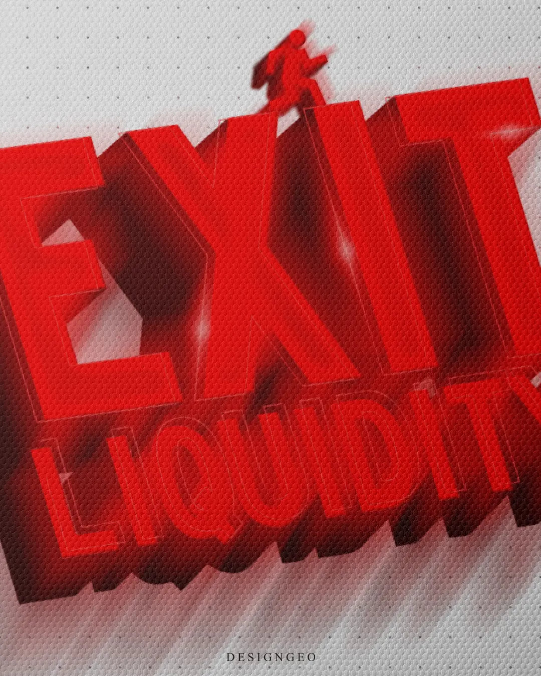 Close-up macro detail shot showing fine canvas texture, deep red 3D lettering shadow, and motion-blurred running exit figure icon
