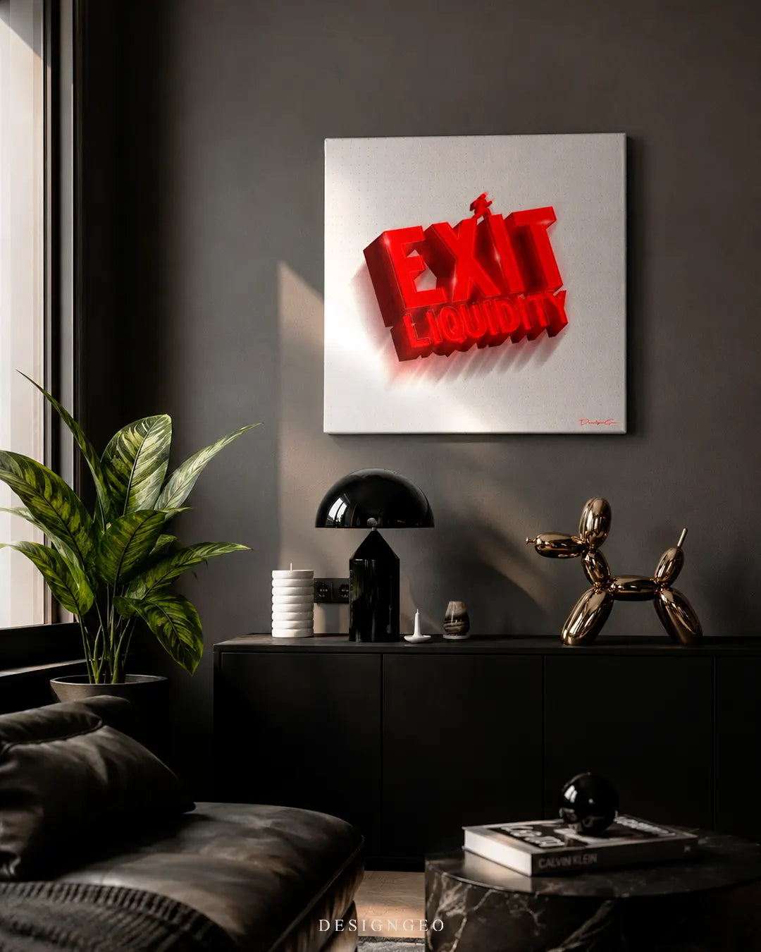 Square Exit Liquidity canvas print mounted on a charcoal dark wall above a black credenza with a golden balloon dog sculpture and black dome table lamp