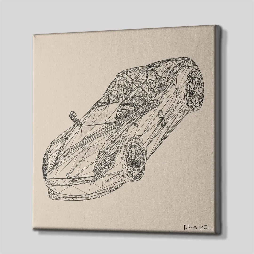 Side angle of the black line exotic car canvas print, highlighting the high-quality gallery wrap finish and the professional 3D depth of the wooden frame