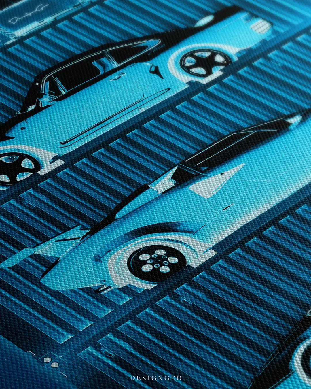 Close-up of modern automotive wall art featuring an X-ray view of a shipping container revealing a hidden exotic supercar in blue and green hues on a dark abstract background