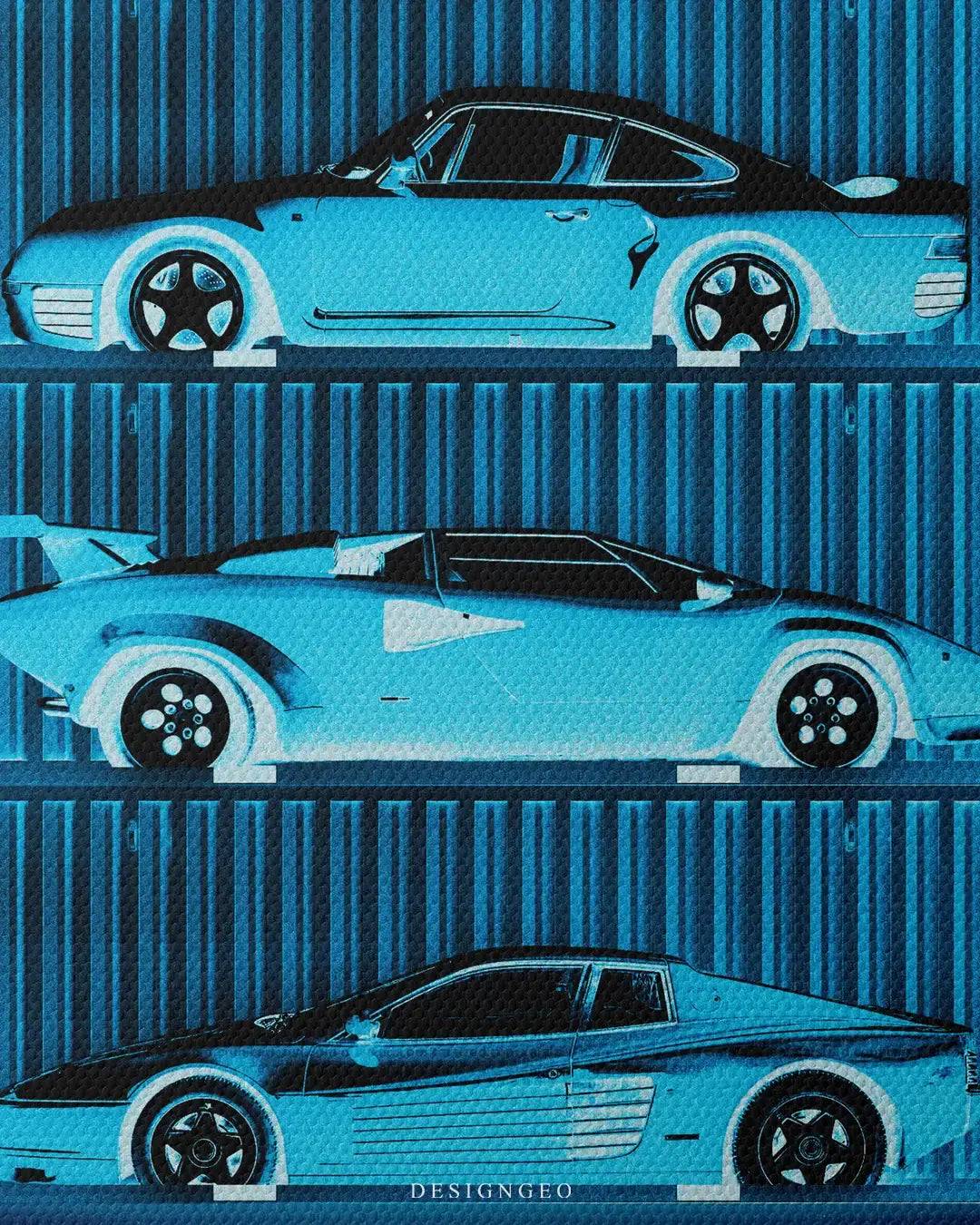 Detailed view of the "Hidden Exotics" art, showcasing the high-contrast technical lines of the container and the intricate silhouette of the supercar against a contemporary dark canvas