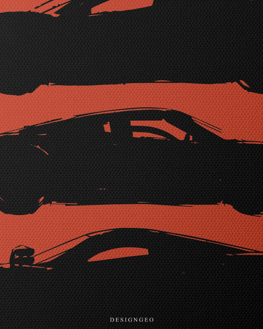 Vertical macro detail shot highlighting the textured canvas weave, vibrant orange background, and brushstroke edges of the black sports car silhouettes