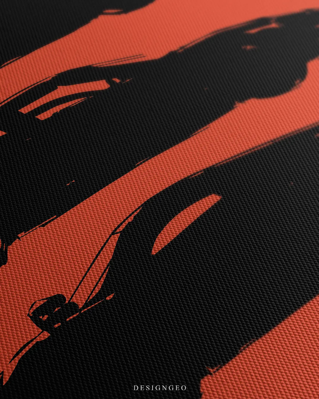 Angled close-up view showing the fine canvas texture, rich orange ink saturation, and crisp black outline of the exotic car silhouettes