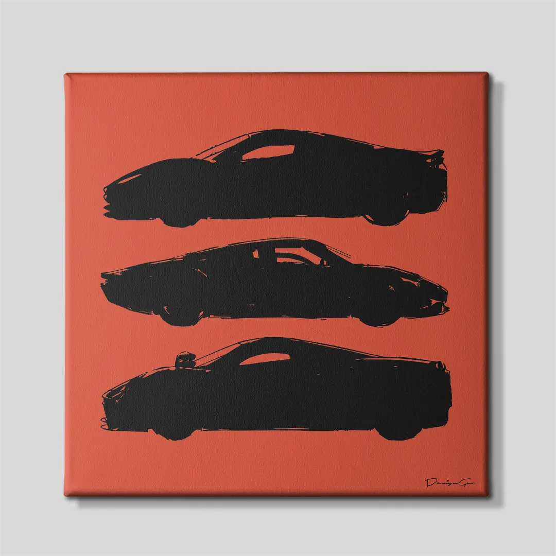 Front view of a square canvas print displaying three black exotic supercar silhouettes stacked vertically over a minimalist terracotta orange background