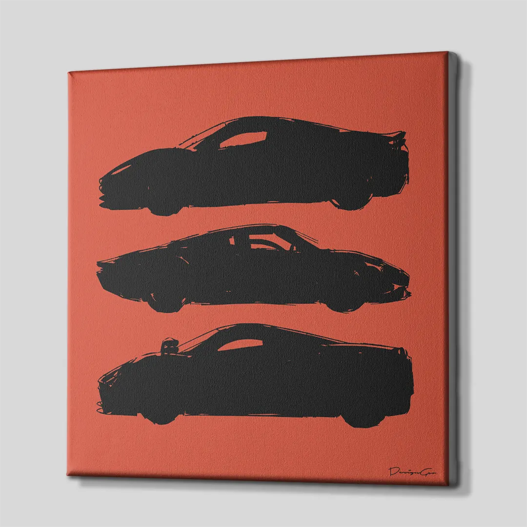 Three-quarter side angle of the square orange supercar silhouettes canvas wall art, showing clean gallery-wrapped edges over a sturdy wooden frame