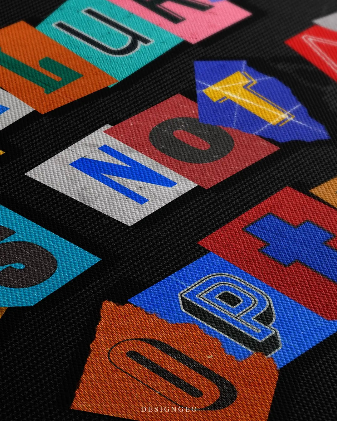 Close-up of motivational quote canvas art featuring the phrase "Failure is not an option" in vibrant colorful typography with realistic paint textures on a black background
