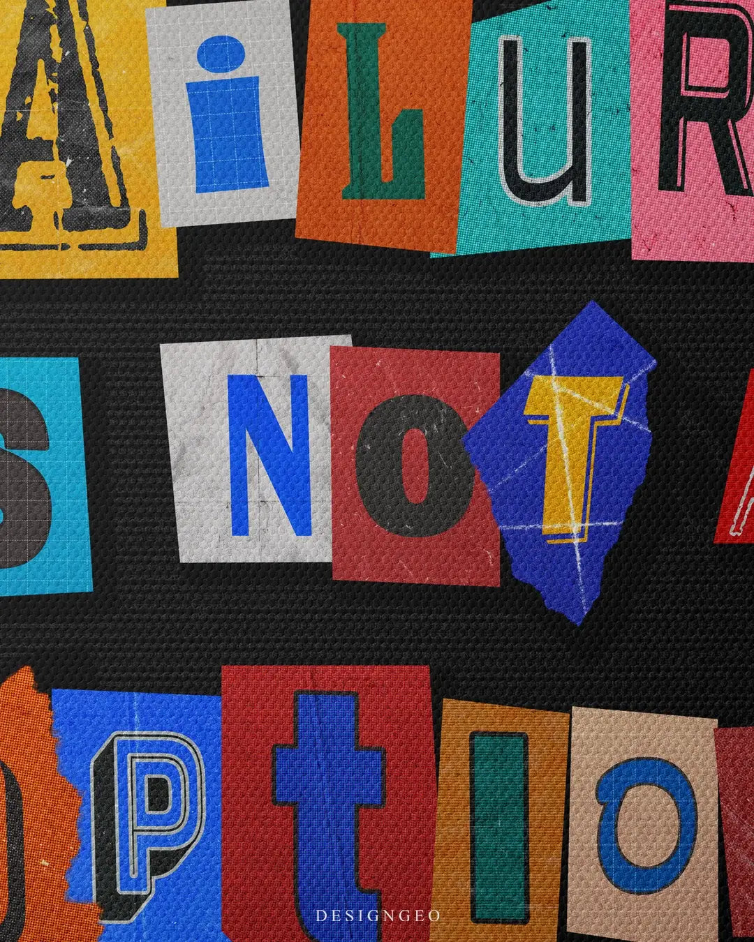 Inspirational typography illustration on canvas with the bold message "Failure is not an option" using a dynamic multi-color font against a solid black backdrop