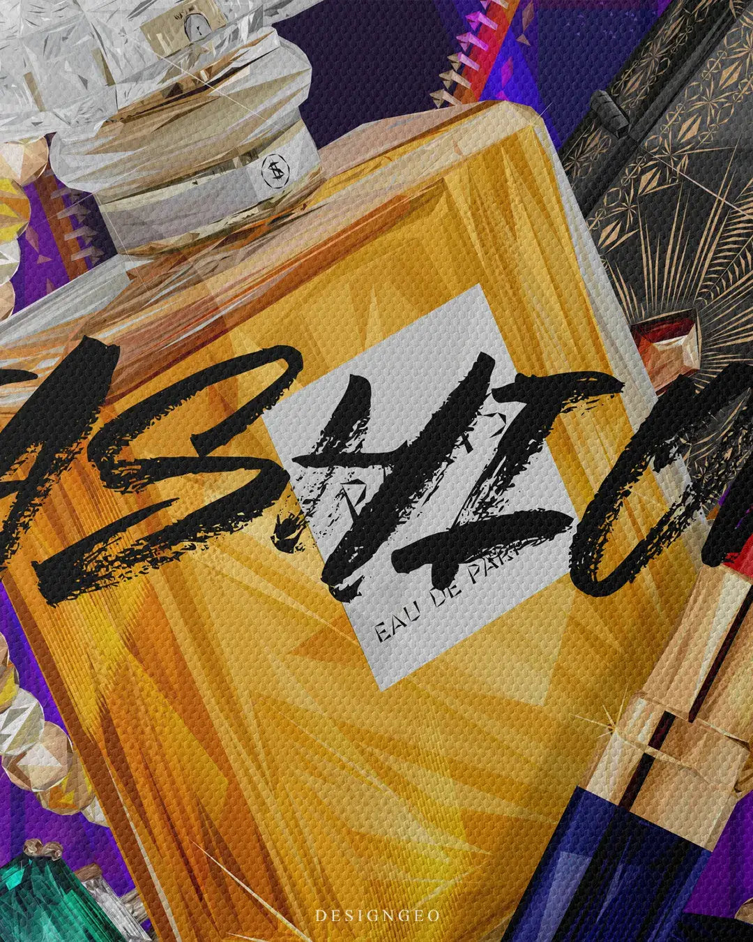 Luxury fashion illustration on canvas featuring a French fragrance bottle, high-end beauty products, and floral elements over an intense violet backdrop