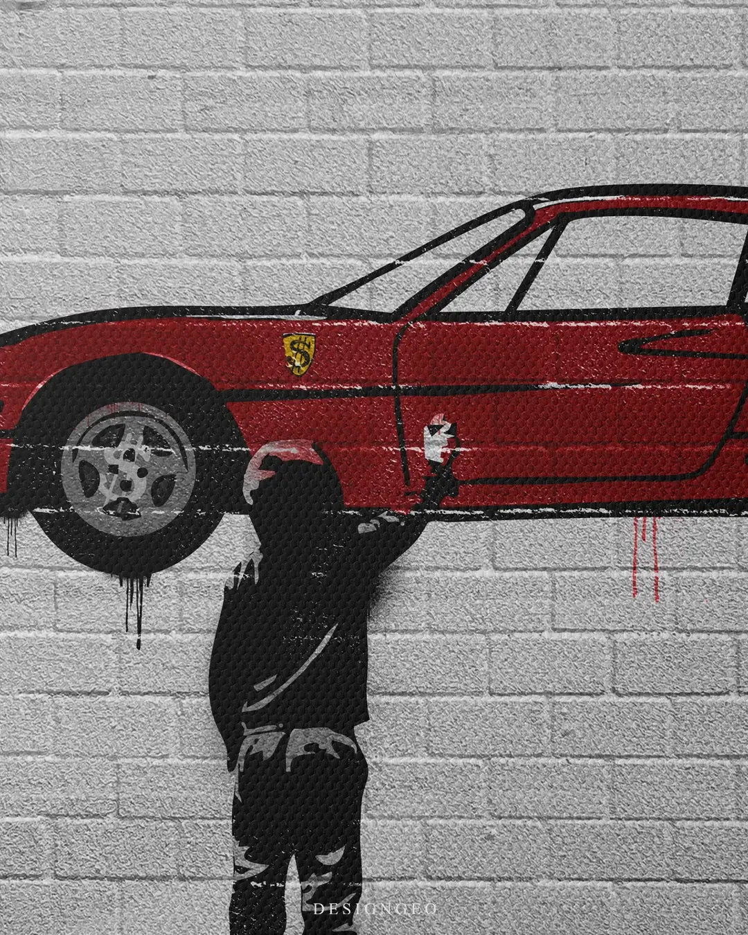 Artistic canvas illustration of a young boy creating a graffiti of a luxury sports car, symbolizing the power of visualization and early ambition