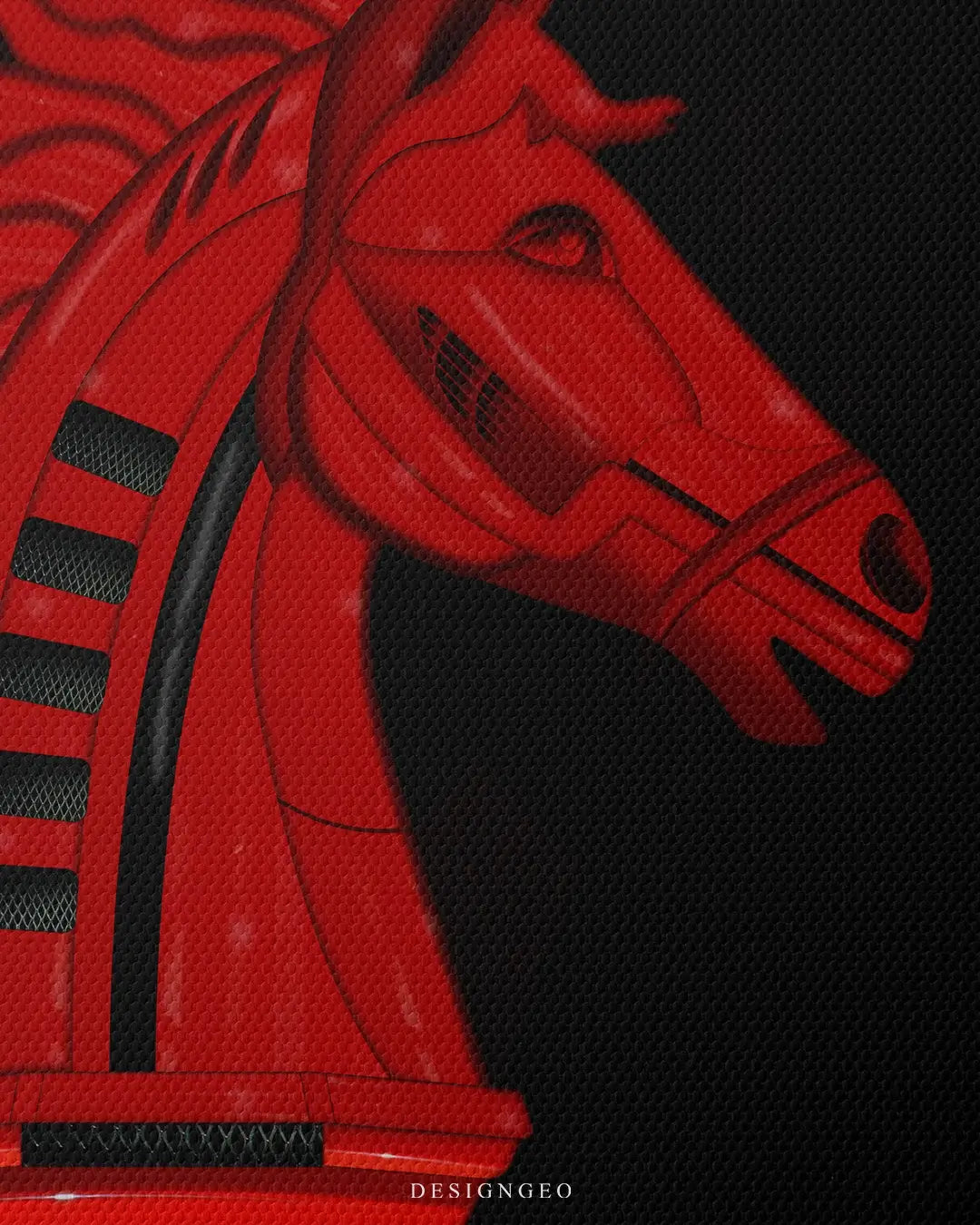 Artistic canvas illustration of a sporty red knight chess piece, symbolizing strategic agility, rapid growth, and high-performance leadership in business