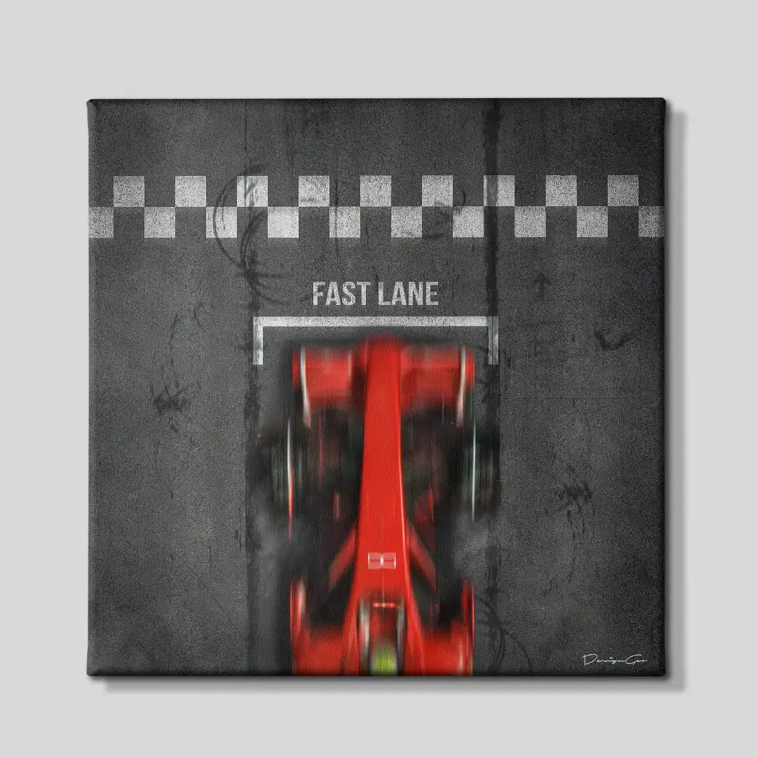 Front view of the Fast Lane motion blur square canvas wall art, a premium decorative piece for high-end garages, modern executive offices, or automotive enthusiast dens