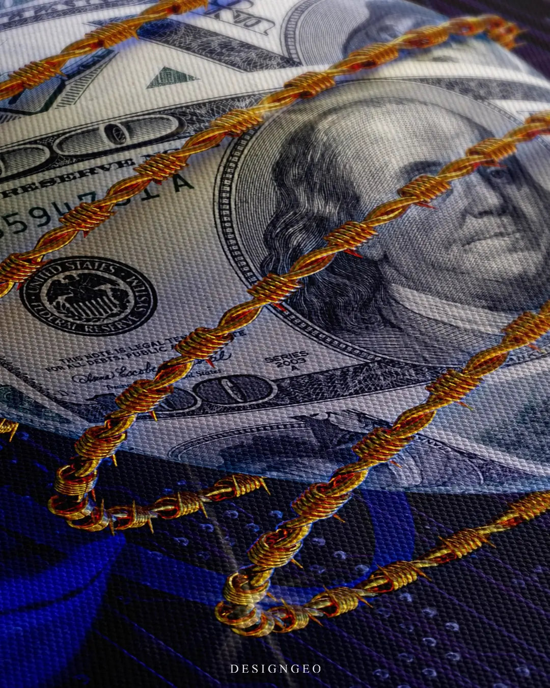 Close-up of surreal money art showing a balloon made of US dollar bills floating dangerously close to sharp golden barbed wire on a dark blue background