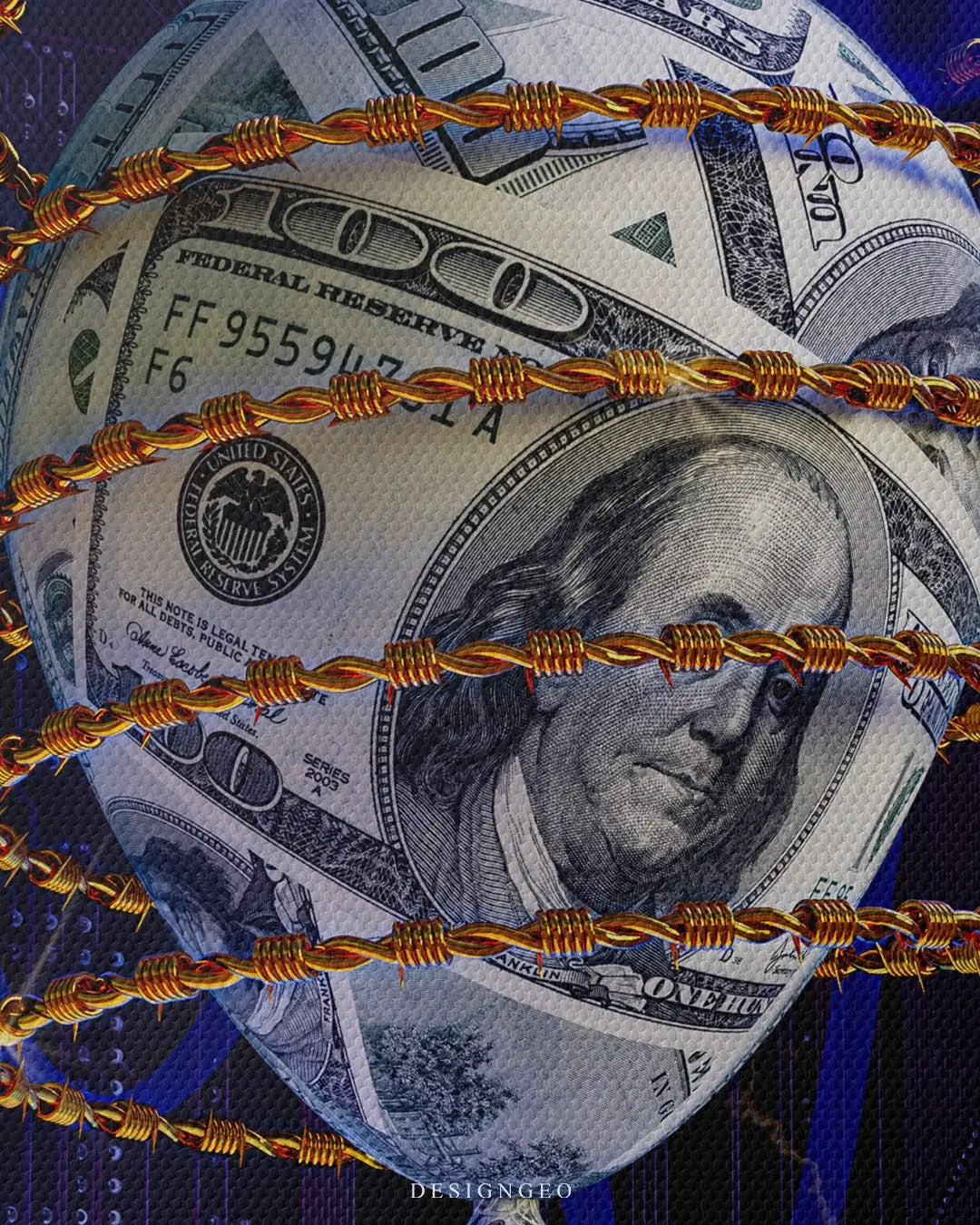 Artistic canvas illustration of a money balloon navigating through golden barbed wire, symbolizing the delicate balance of financial freedom and risk