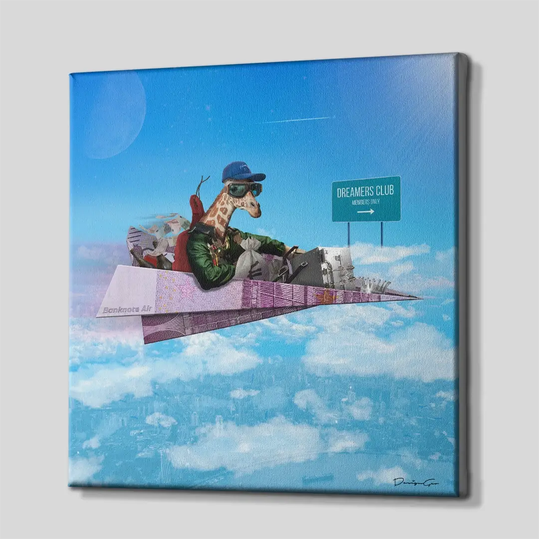Side angle of the motivational giraffe and Euro plane canvas print, highlighting the high-quality gallery wrap finish and 3D frame depth