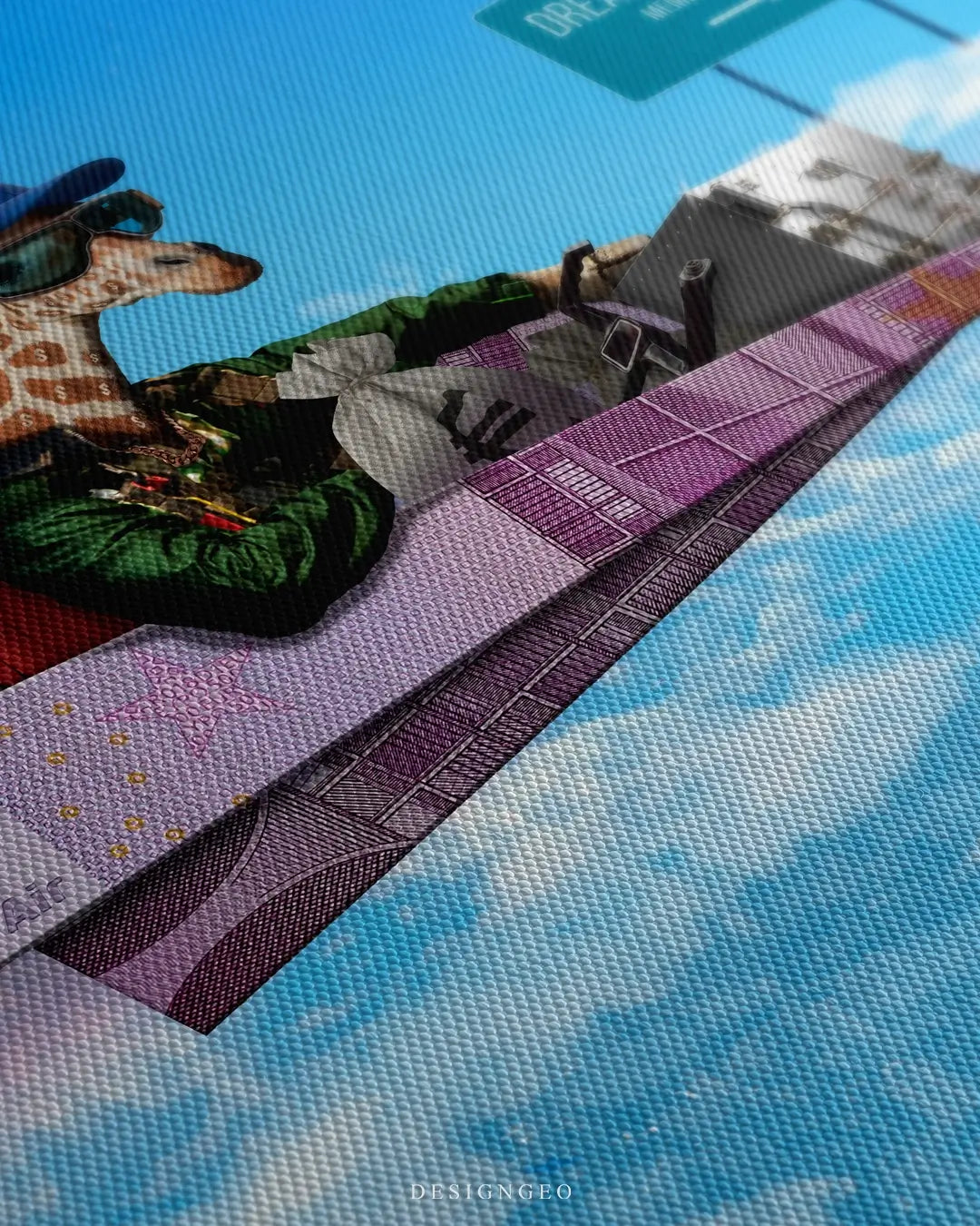 Close-up of motivational money art showing a surreal giraffe and a paper plane made of Euro banknotes with realistic canvas textures