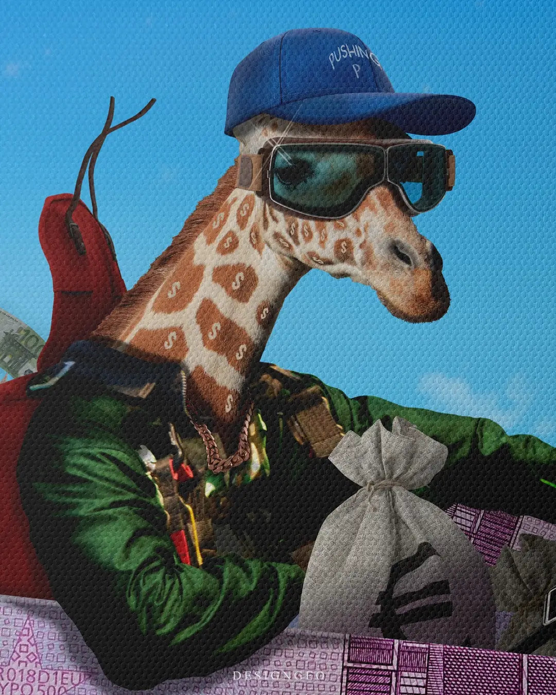 Surreal illustration on canvas of a giraffe flying alongside a Euro banknote airplane, symbolizing financial freedom and high-reaching goals