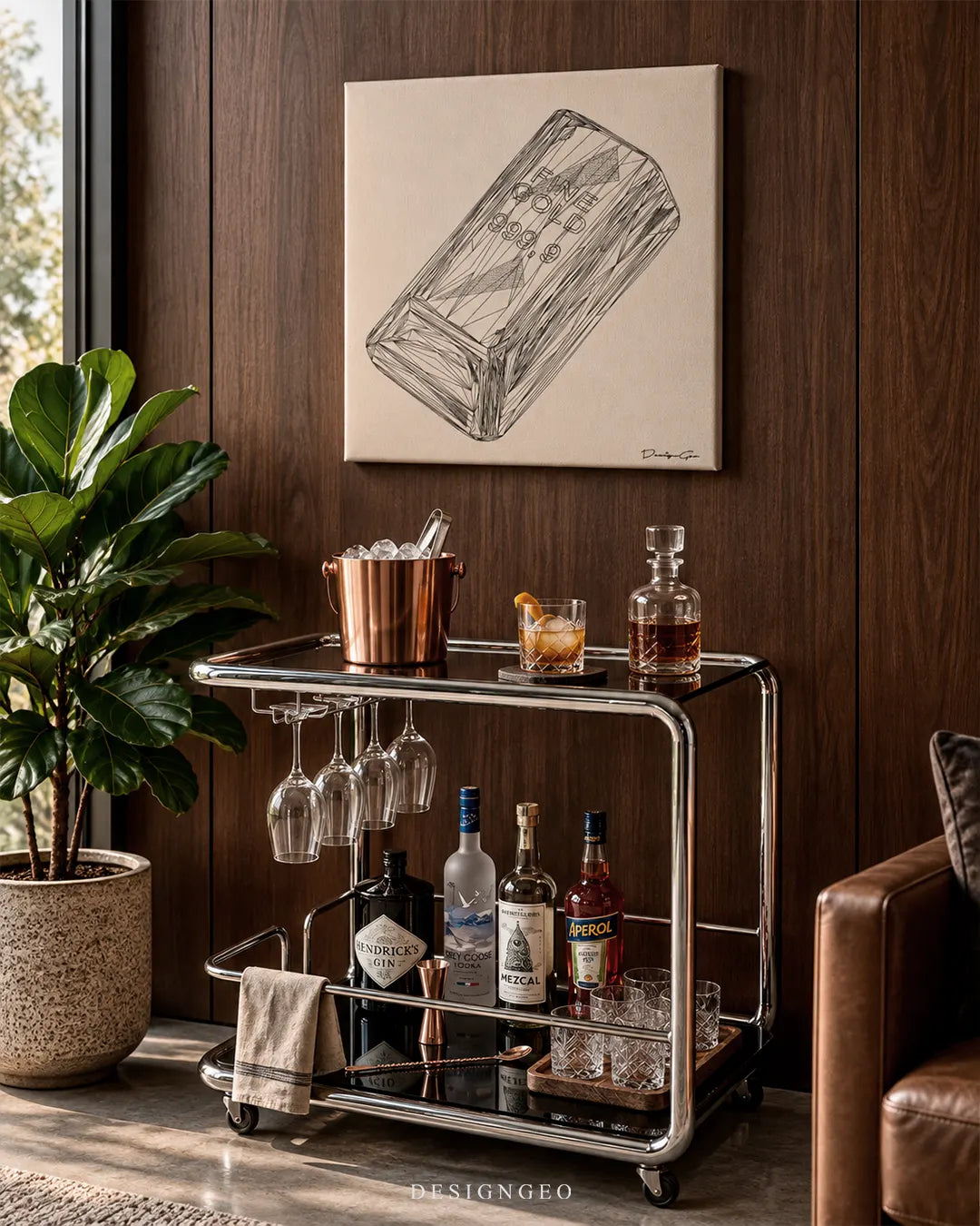 Square beige canvas print featuring a geometric wireframe line art drawing of a fine gold bar mounted on a dark wood wall above a chrome bar cart