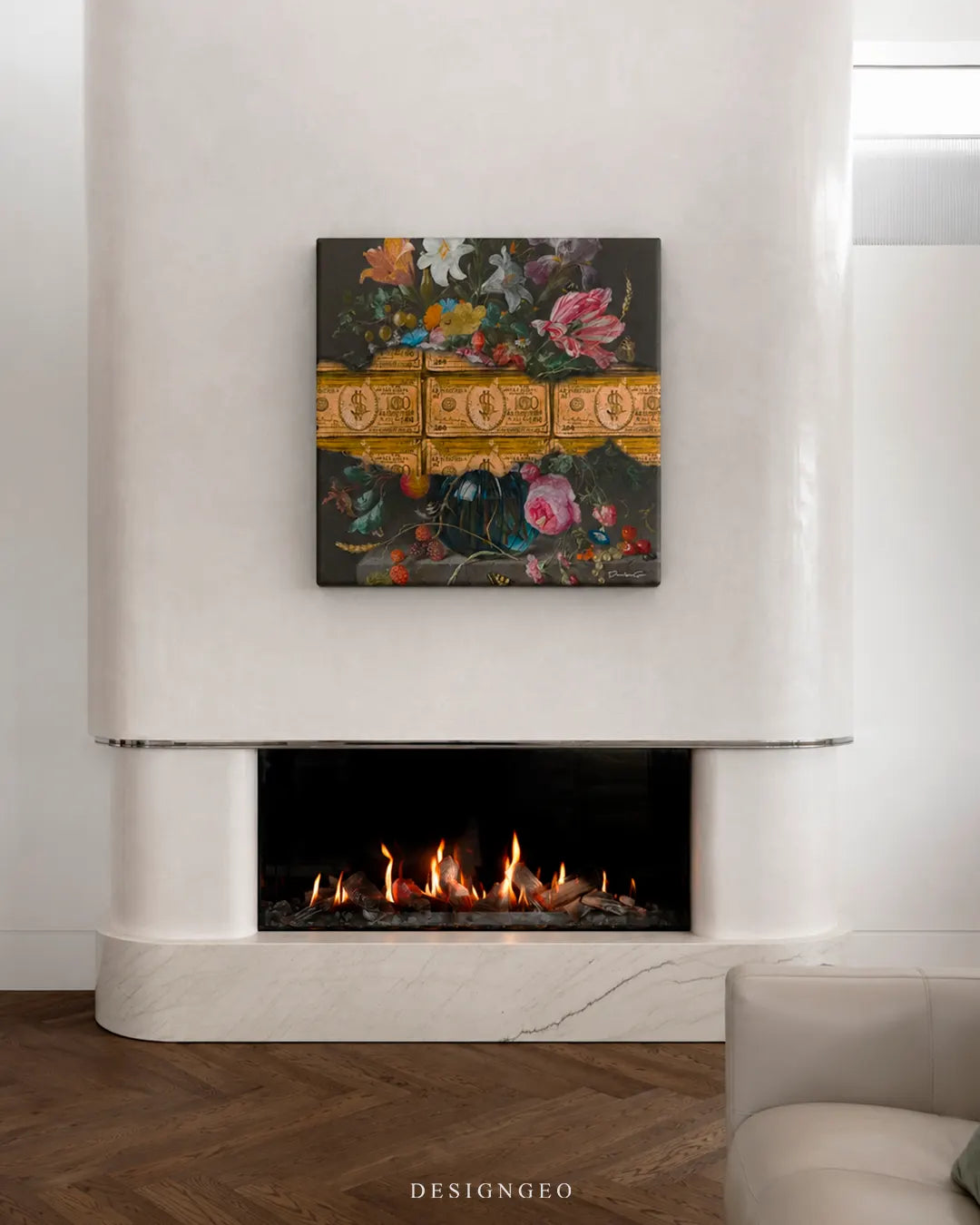 Square dark floral and gold bars canvas wall art mounted on a white modern fireplace column above glowing flames in an elegant living room