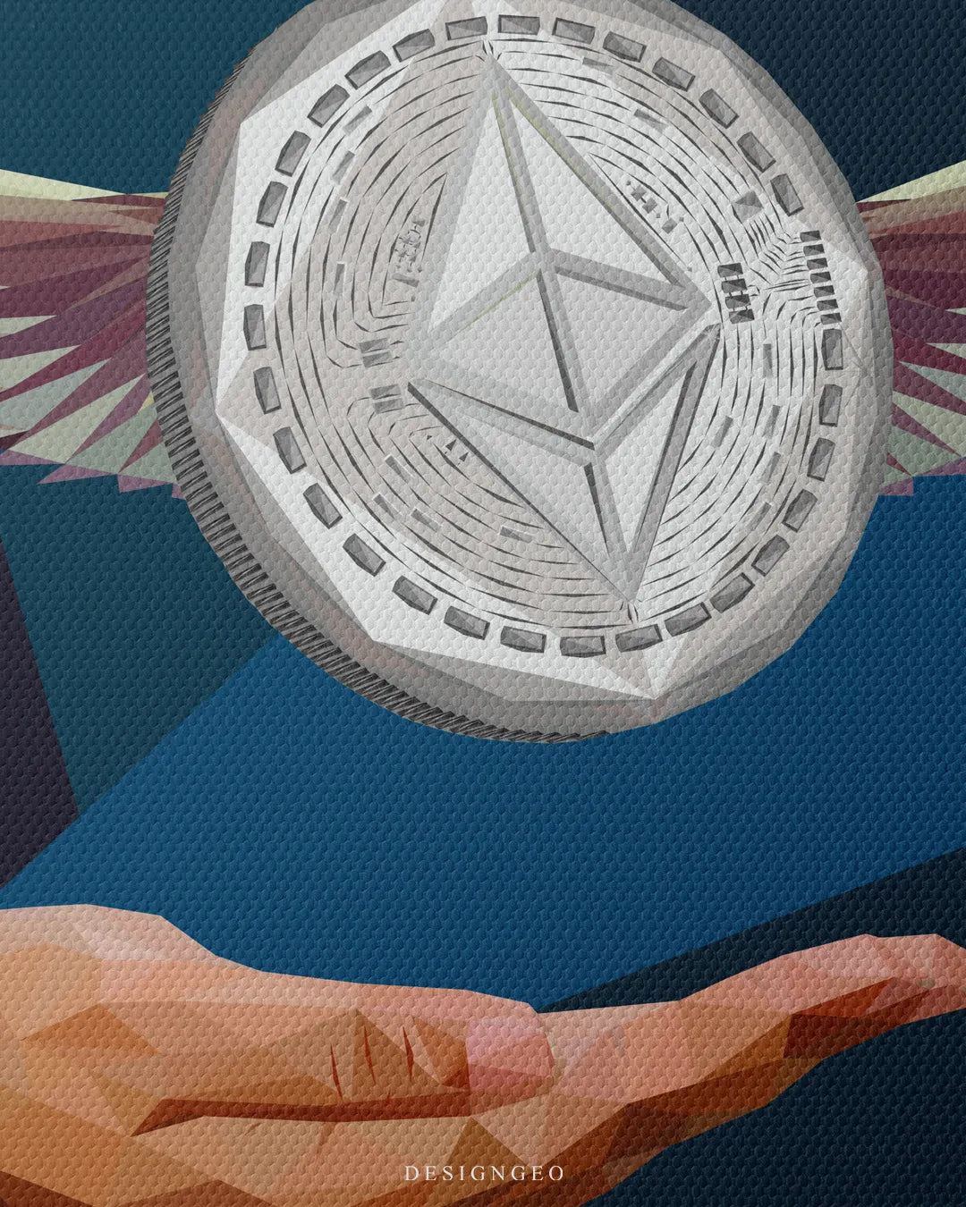Close-up macro detail shot showing the canvas texture, low-poly silver Ethereum coin with geometric wings, and faceted hand graphic below on a teal background