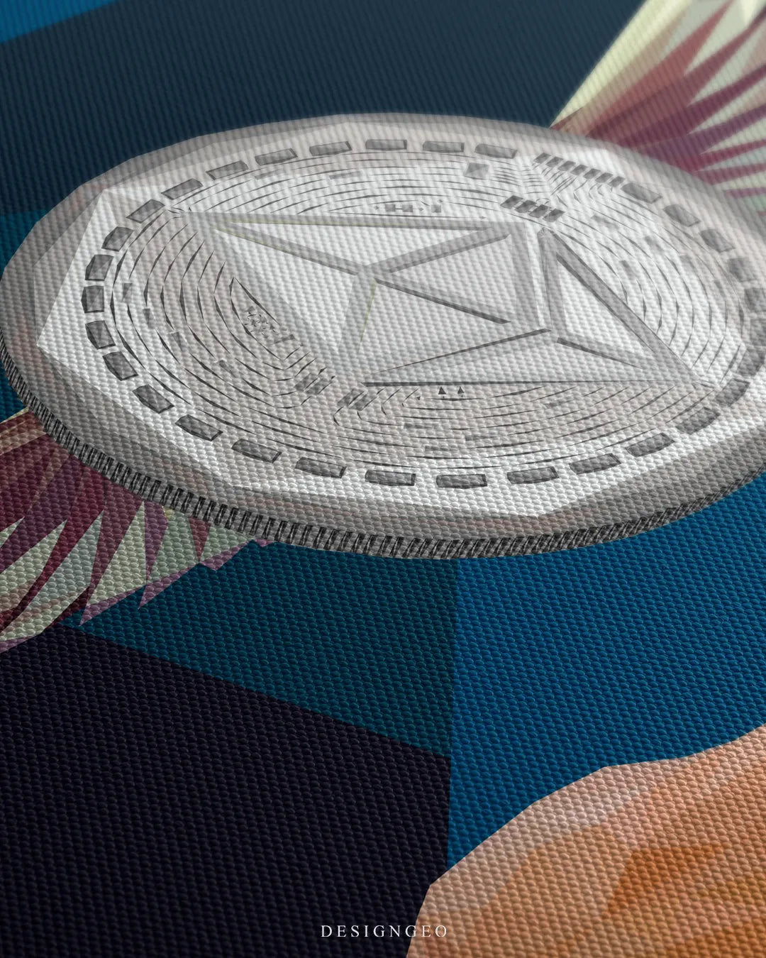 Angled extreme macro view highlighting the woven canvas surface texture and detailed polygon facets of the silver Ethereum cryptocurrency coin and wings