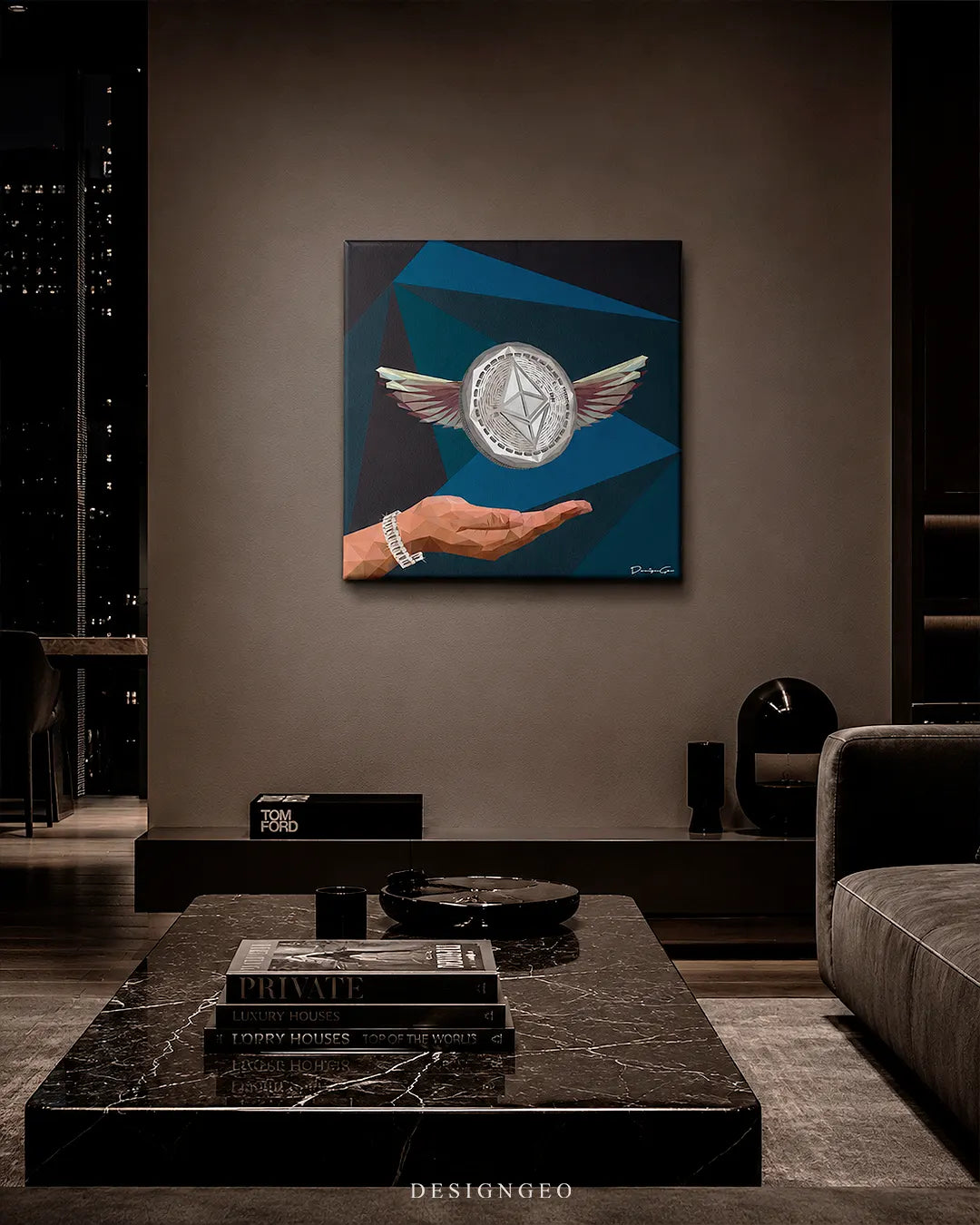Square flying Ethereum coin canvas print mounted on a dark brown wall in a luxury penthouse living room above a black marble coffee table with design books and city skyline views