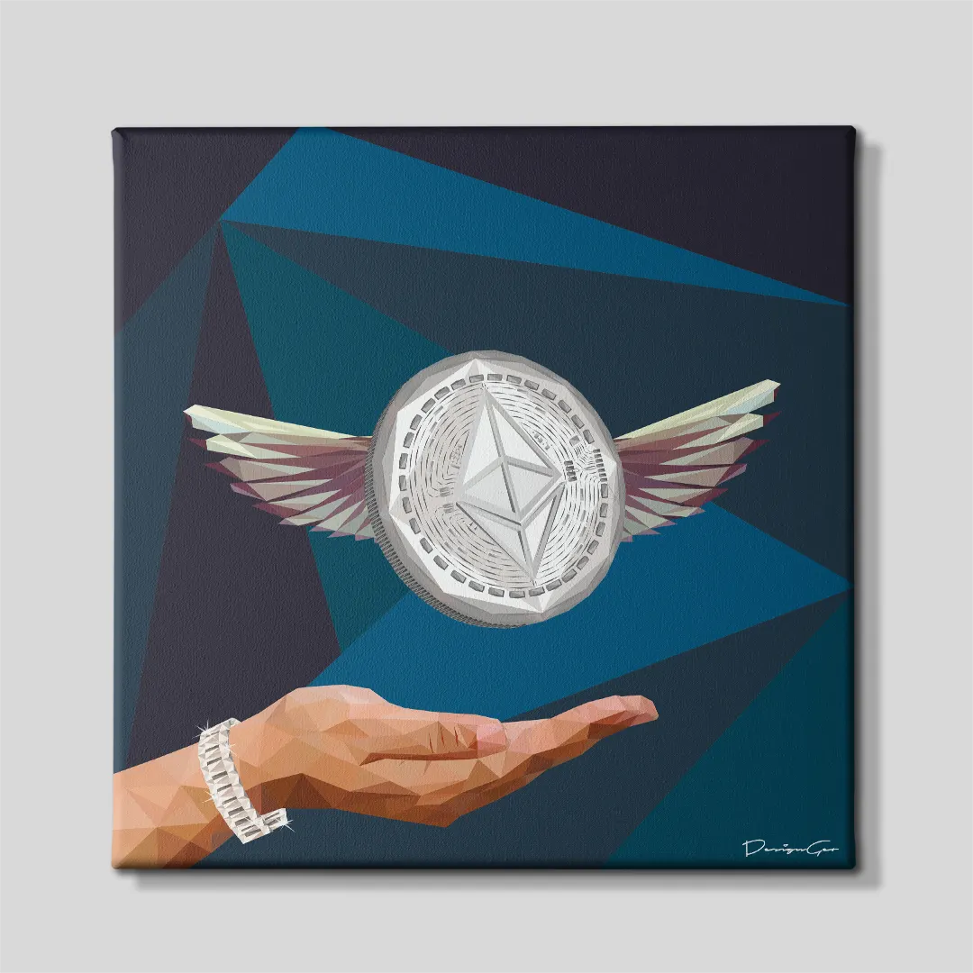 Front view of a square canvas print featuring a low-poly geometric illustration of a silver Ethereum coin with wings hovering over an open palm wearing a diamond bracelet