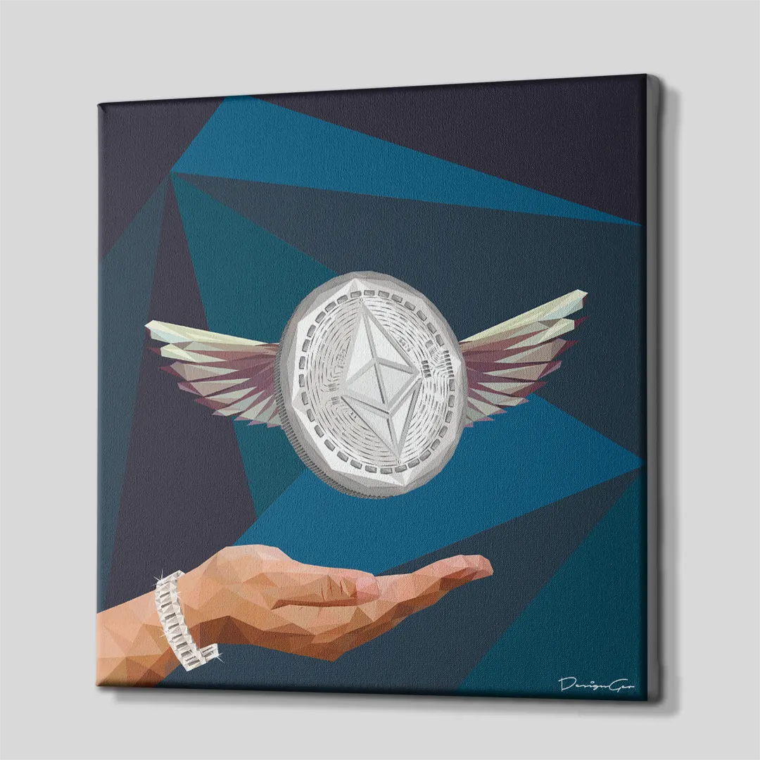 Three-quarter side angle of the flying Ethereum coin canvas print showing gallery-wrapped dark blue geometric edges mounted on a wooden frame