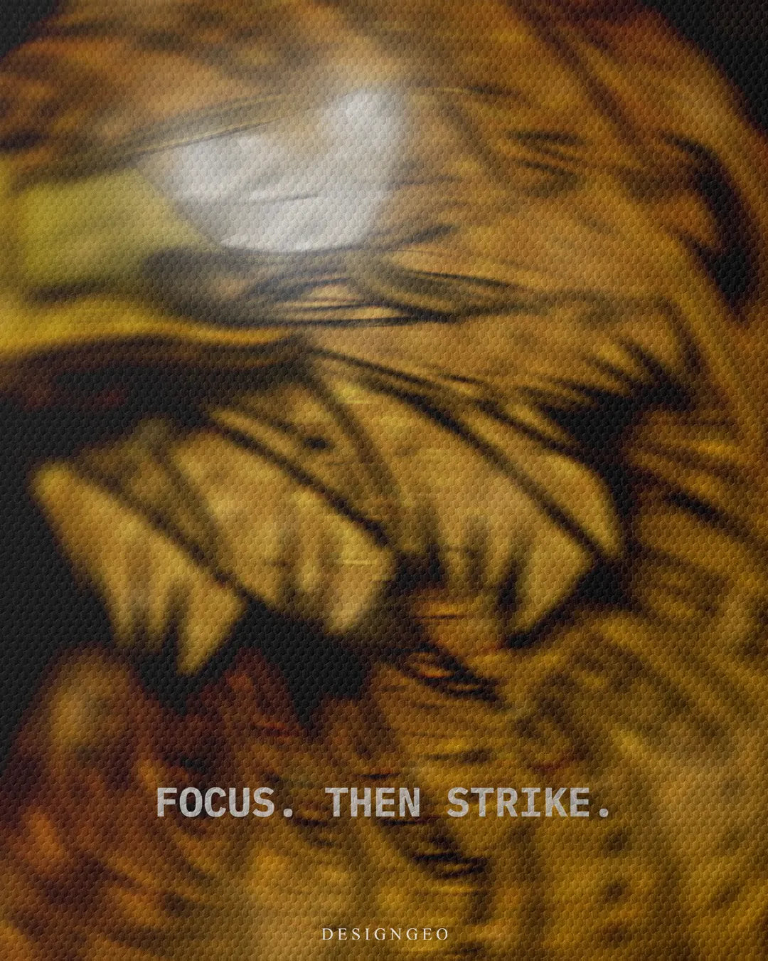Close up texture view of Focus. Then Strike. typography motivational quote printed on golden eagle feathers square canvas wall art 0.75 inch thin wrap