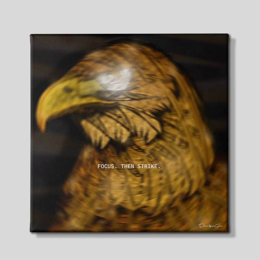 Golden eagle portrait square canvas wall art featuring a intense eagle head in profile under motivational quote Focus. Then Strike. 0.75 inch thin wrap