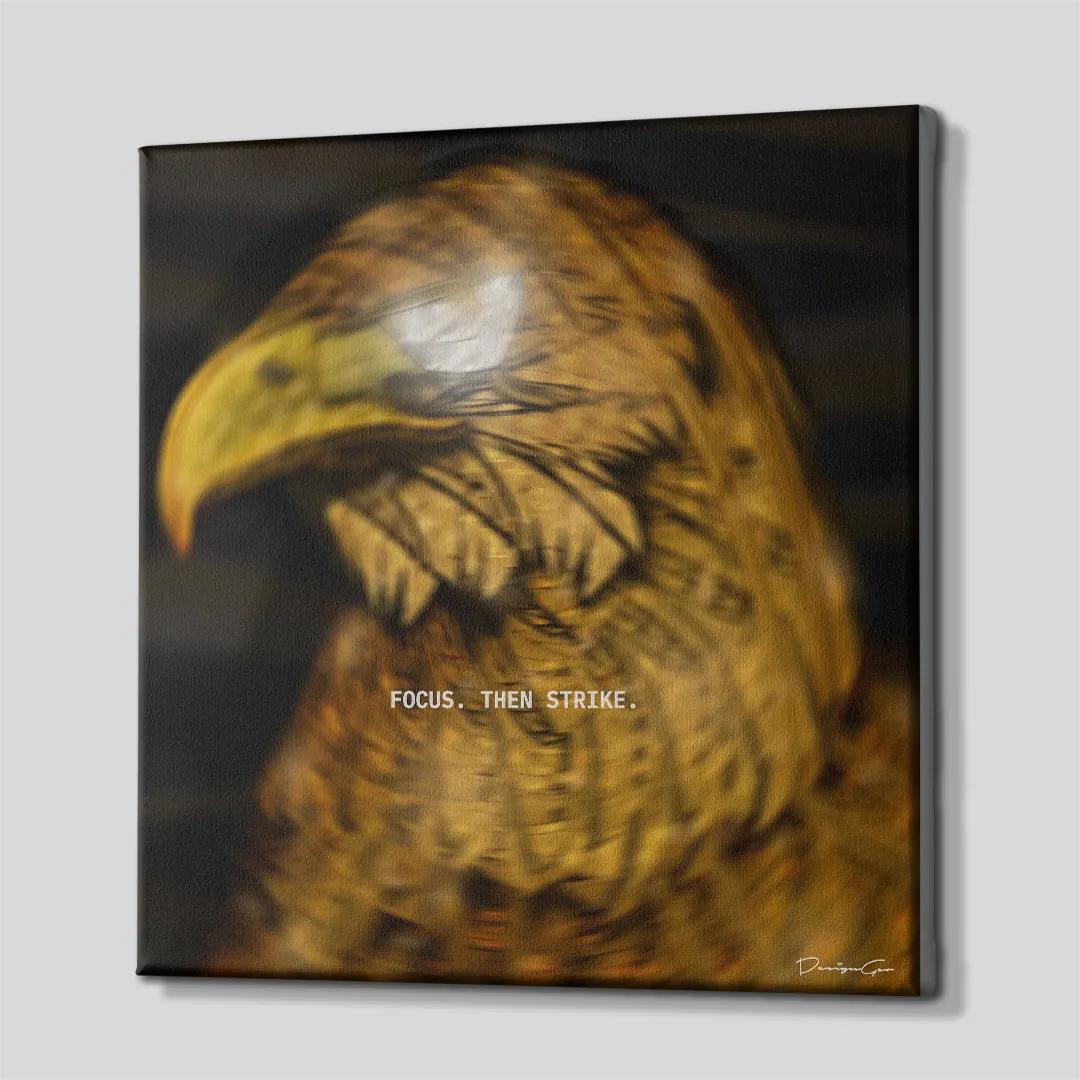 Side perspective view of golden eagle profile square canvas wall art showing dark gallery wrapped edge 0.75 inch thin wrap