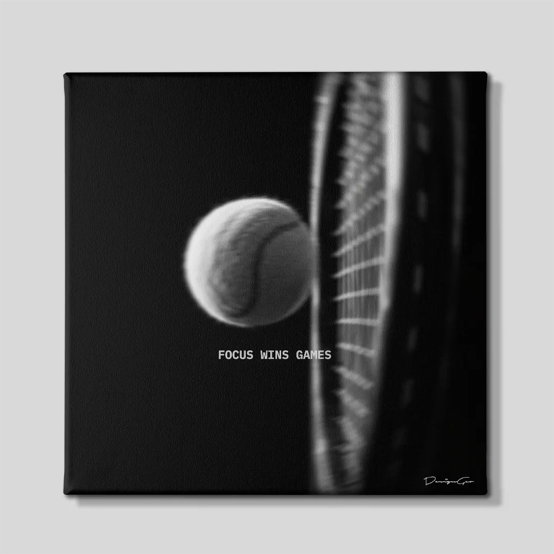 Black and white square motivational canvas wall art featuring a tennis ball impacting a racket under quote Focus Wins Games 0.75 inch thin wrap